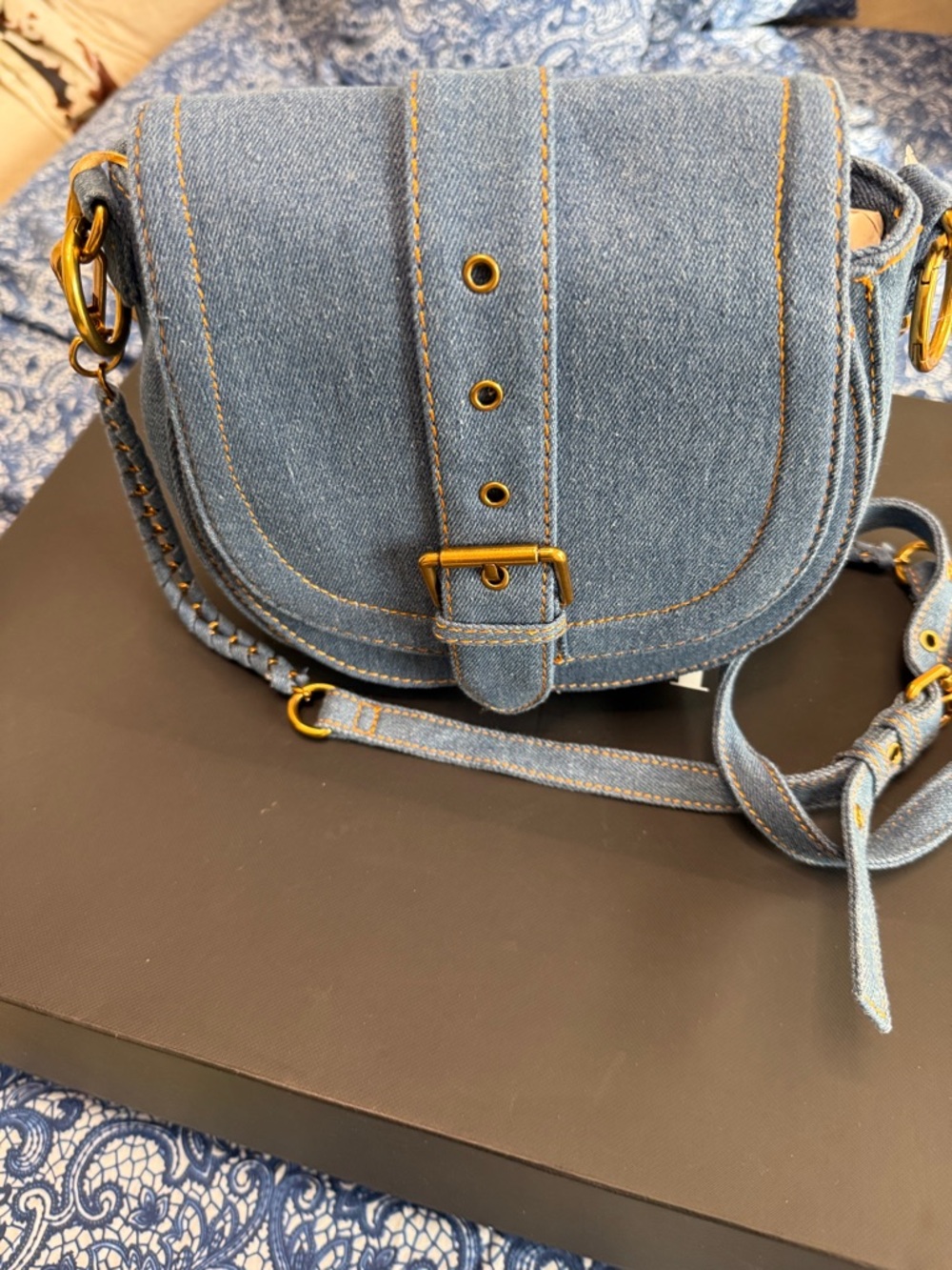 House of Harlow 1960 Denim Saddle Crossbody - Blue with Brass Accents